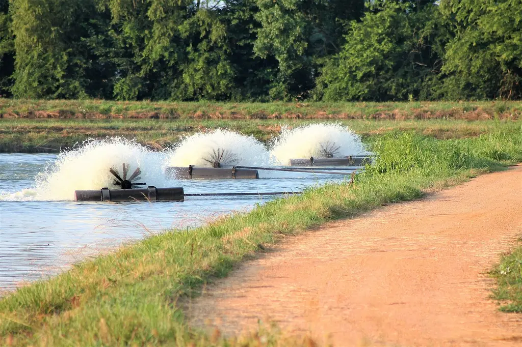 Paddlewheel aerator on a catfish farm pond